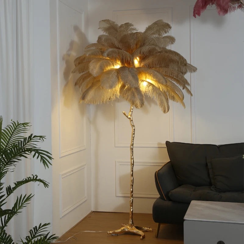 Lampadaire de luxe moderne en plumes d'autruche, lampe sur pied en résine de décoration nordique, lampe d'arbre de chambres bleu paon pour villa, maison, éclairage de sol d'hôtel, H: 2M, Dia Grey